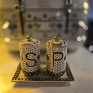 New In Box Anthropologie Black and Gold Bistro Salt And Pepper Shaker And Tray